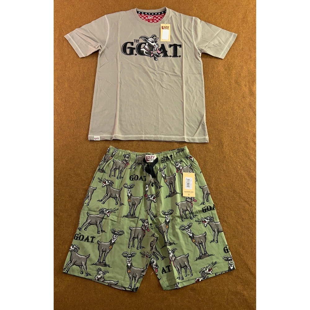 Lazy One Mens Small Green Grey The GOAT Graphic Cotton Pajama Set TS595 NWT